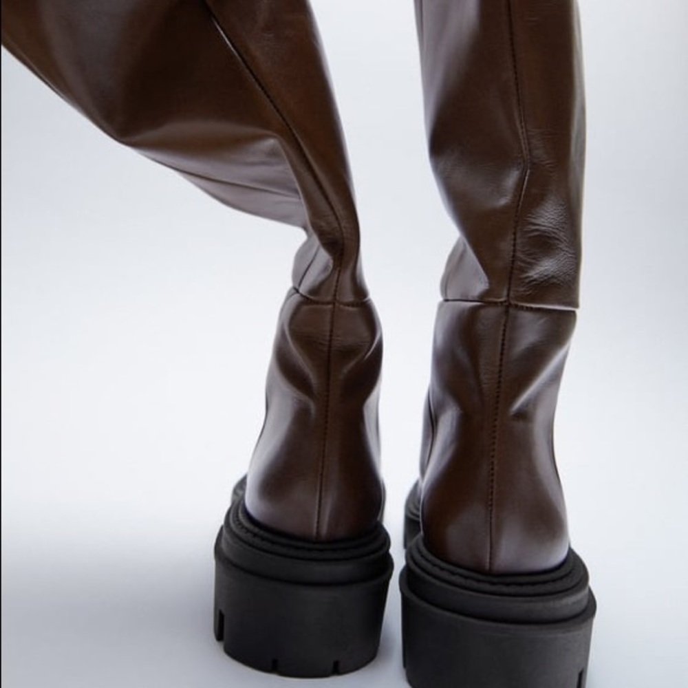 Zara Brown Knee-High Chunky Sole Leather Boots - Picture 10 of 17
